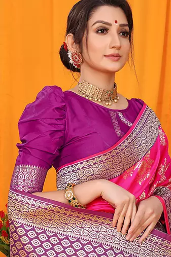 Rani pink banarasi silk blend saree with pink zari woven border