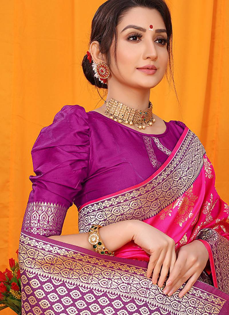 Rani pink banarasi silk blend saree with pink zari woven border