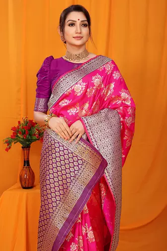 Rani pink banarasi silk blend saree with pink zari woven border