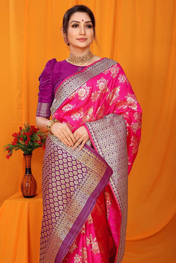 Rani pink banarasi silk blend saree with pink zari woven border