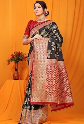 Black banarasi silk blend saree with pink zari woven border 1