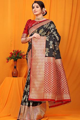 Black banarasi silk blend saree with pink zari woven border