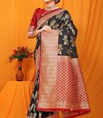 Black banarasi silk blend saree with pink zari woven border