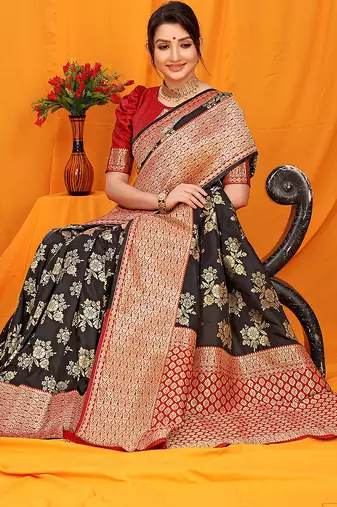 Black banarasi silk blend saree with pink zari woven border