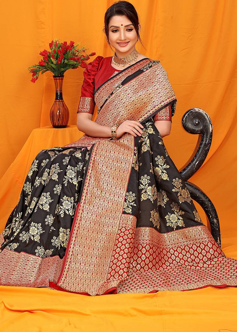Black banarasi silk blend saree with pink zari woven border