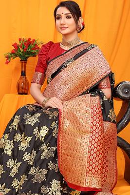 Black banarasi silk blend saree with pink zari woven border 3