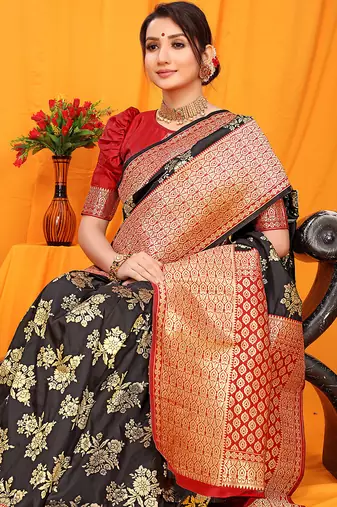 Black banarasi silk blend saree with pink zari woven border