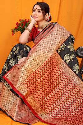 Black banarasi silk blend saree with pink zari woven border 4