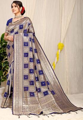 Navy blue banarasi silk blend saree with zari checkered weave 1