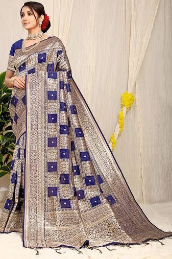 Navy blue banarasi silk blend saree with zari checkered weave