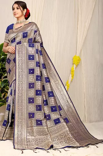 Navy blue banarasi silk blend saree with zari checkered weave