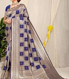 Navy blue banarasi silk blend saree with zari checkered weave