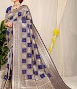 Navy blue banarasi silk blend saree with zari checkered weave