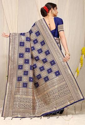 Navy blue banarasi silk blend saree with zari checkered weave 2