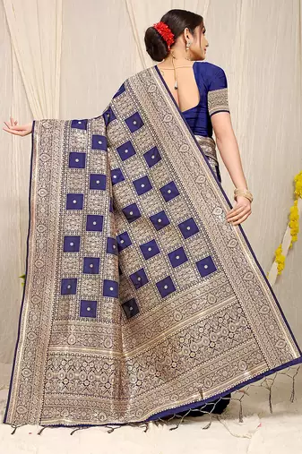 Navy blue banarasi silk blend saree with zari checkered weave