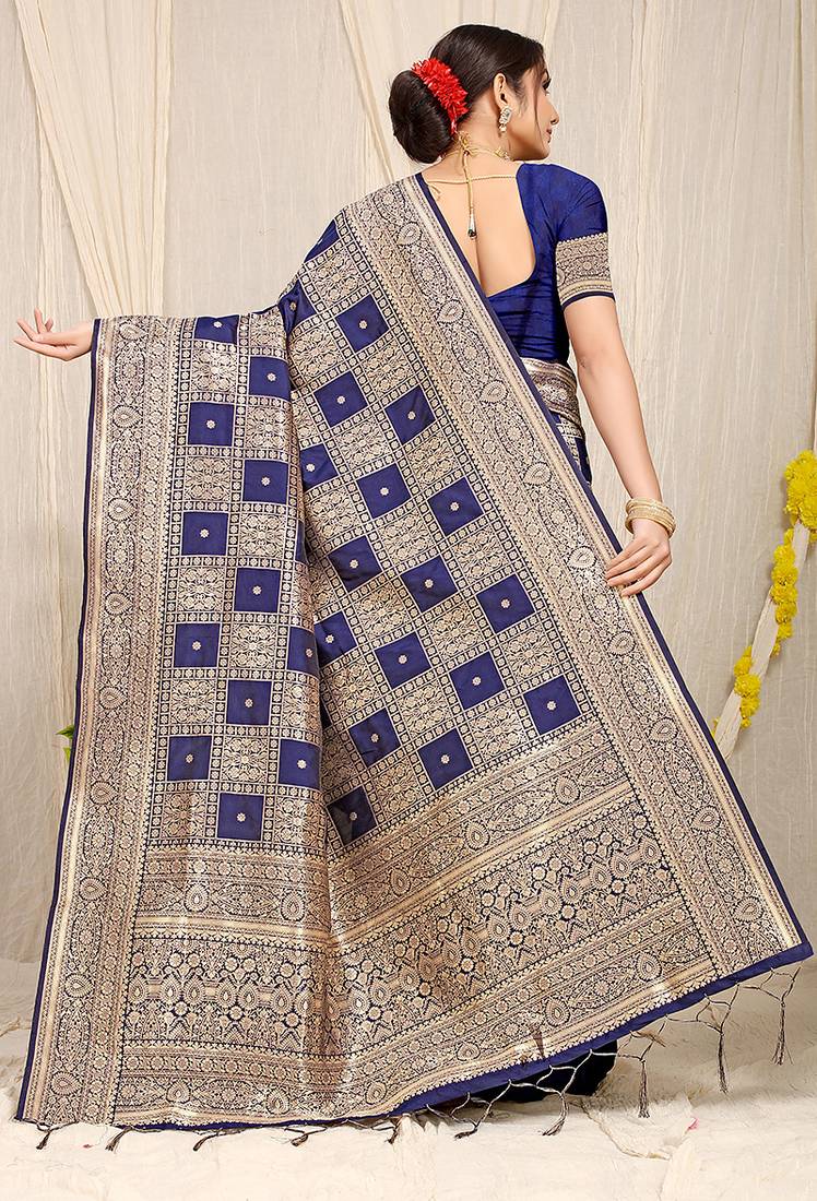 Navy blue banarasi silk blend saree with zari checkered weave
