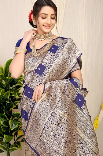 Navy blue banarasi silk blend saree with zari checkered weave
