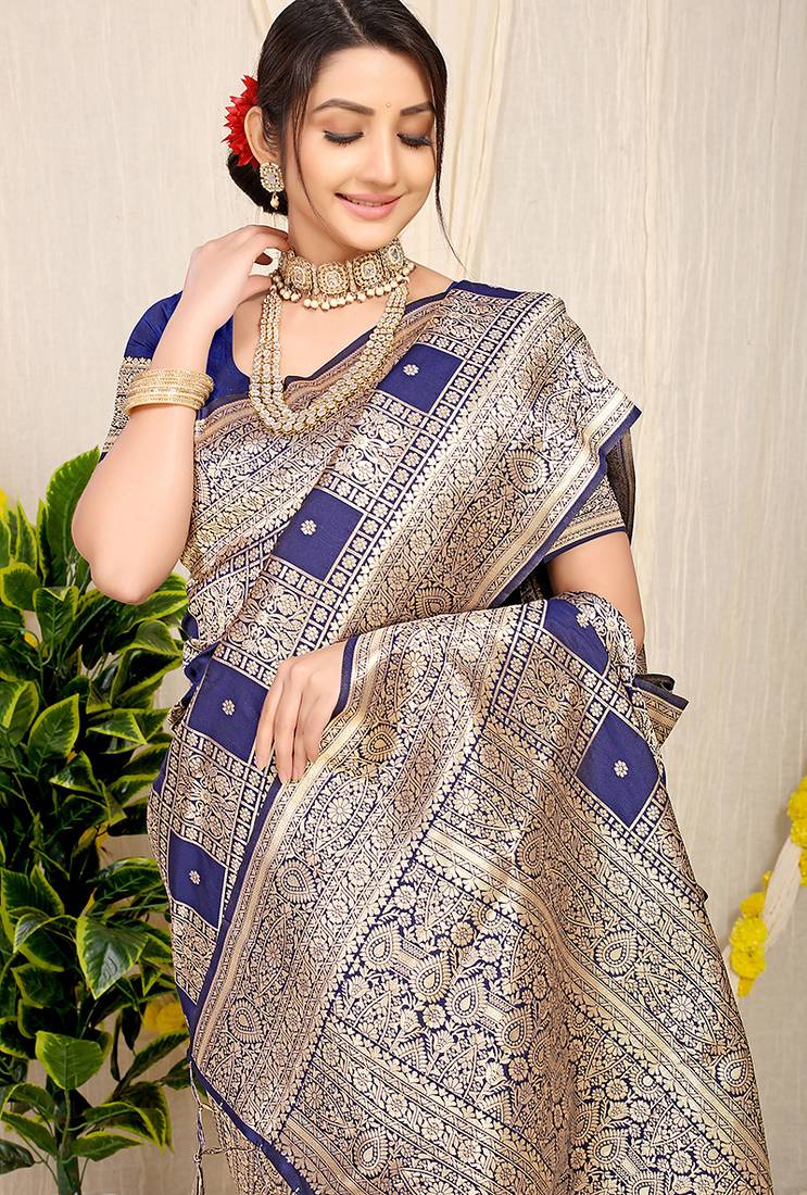 Navy blue banarasi silk blend saree with zari checkered weave