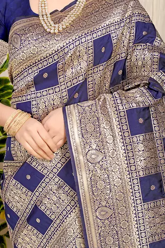 Navy blue banarasi silk blend saree with zari checkered weave