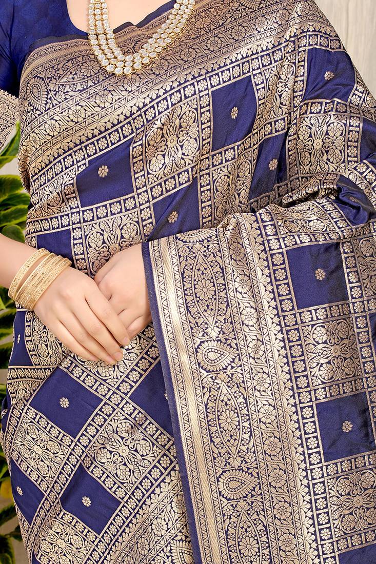 Navy blue banarasi silk blend saree with zari checkered weave