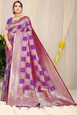 Purple banarasi silk blend saree with zari checkered weave 1