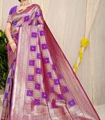 Purple banarasi silk blend saree with zari checkered weave
