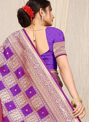 Purple banarasi silk blend saree with zari checkered weave 2