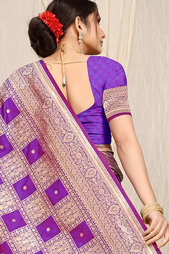 Purple banarasi silk blend saree with zari checkered weave