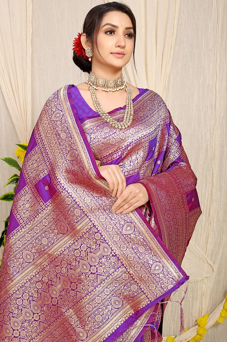 Purple banarasi silk blend saree with zari checkered weave