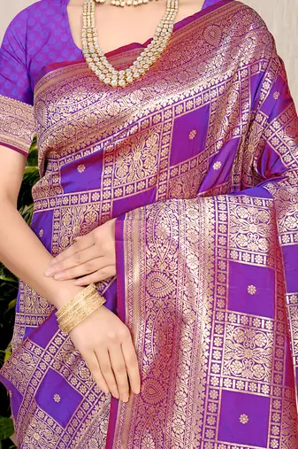 Purple banarasi silk blend saree with zari checkered weave