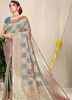 Teal banarasi silk blend saree with zari checkered weave 1