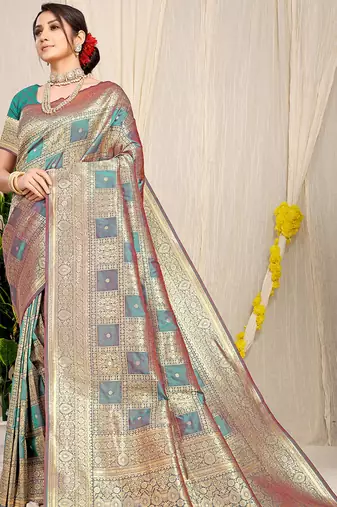 Teal banarasi silk blend saree with zari checkered weave