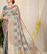 Teal banarasi silk blend saree with zari checkered weave