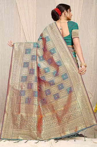 Teal banarasi silk blend saree with zari checkered weave