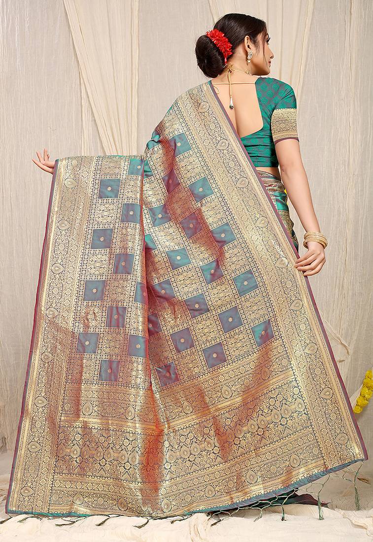 Teal banarasi silk blend saree with zari checkered weave