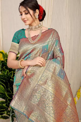 Teal banarasi silk blend saree with zari checkered weave