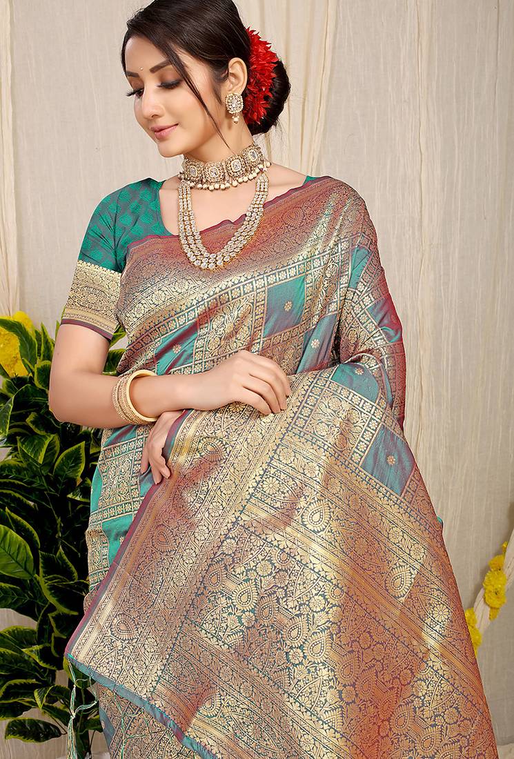 Teal banarasi silk blend saree with zari checkered weave