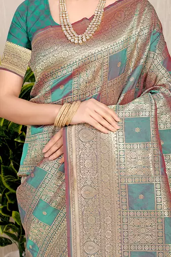 Teal banarasi silk blend saree with zari checkered weave