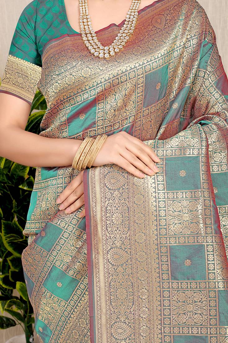 Teal banarasi silk blend saree with zari checkered weave