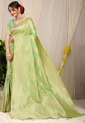 Light lime green banarasi silk blend saree with zari checkered weave 1