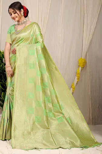 Light lime green banarasi silk blend saree with zari checkered weave