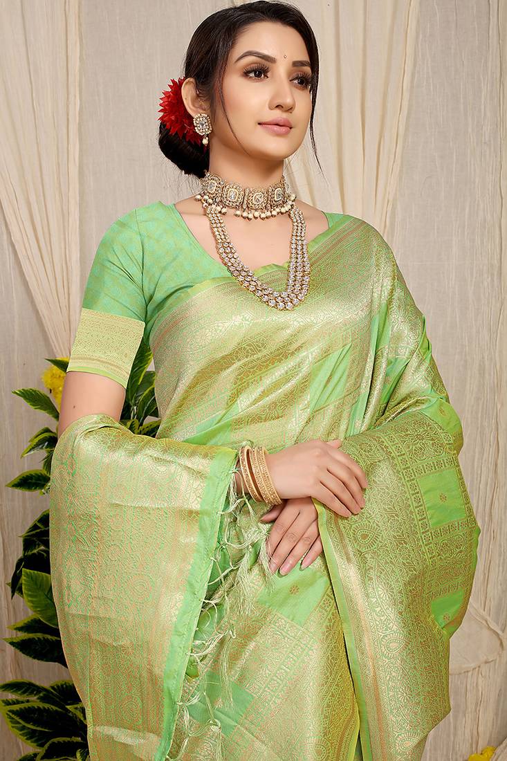 Light lime green banarasi silk blend saree with zari checkered weave