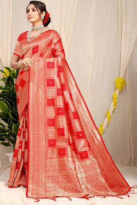 Red banarasi silk blend saree with zari checkered weave 1