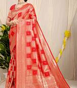 Red banarasi silk blend saree with zari checkered weave