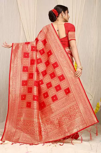 Red banarasi silk blend saree with zari checkered weave