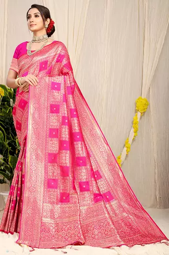 Rani pink banarasi silk blend saree with zari checkered weave