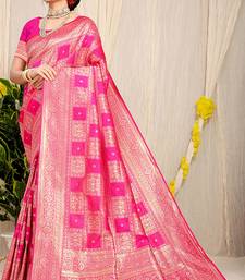 Rani pink banarasi silk blend saree with zari checkered weave