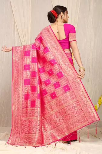 Rani pink banarasi silk blend saree with zari checkered weave
