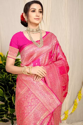 Rani pink banarasi silk blend saree with zari checkered weave