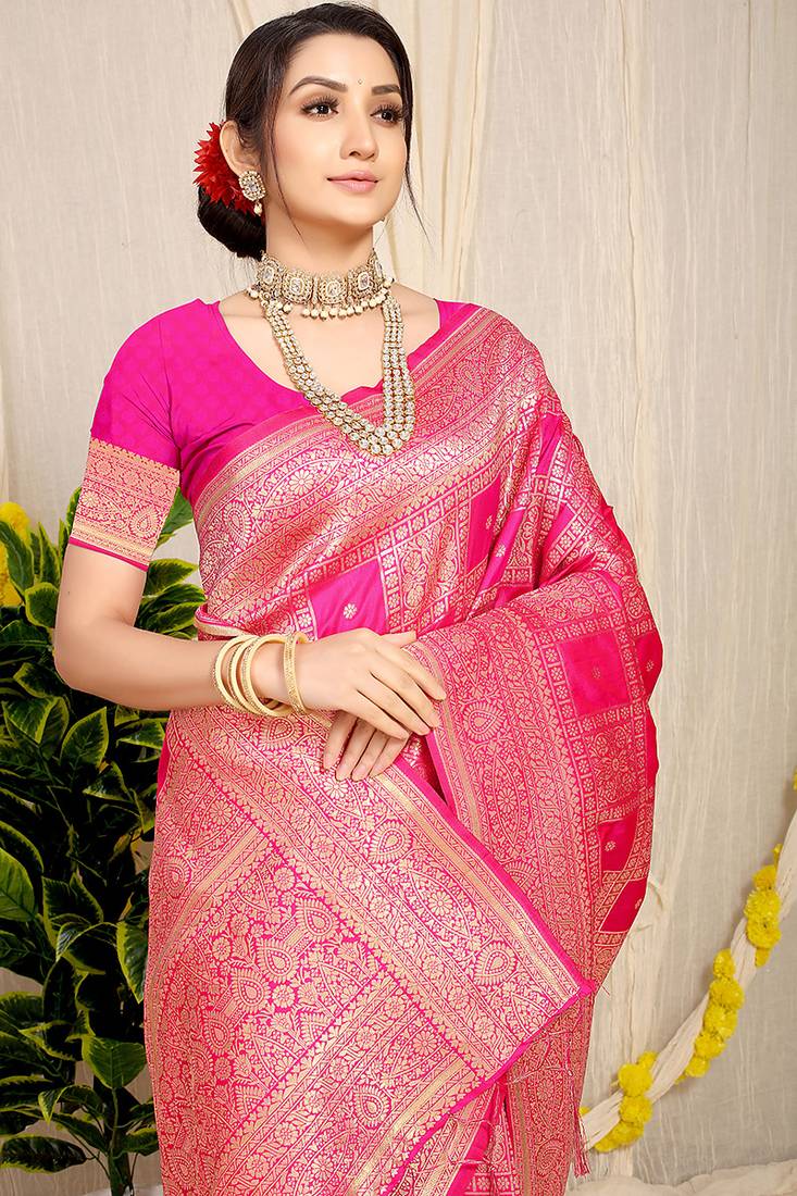 Rani pink banarasi silk blend saree with zari checkered weave